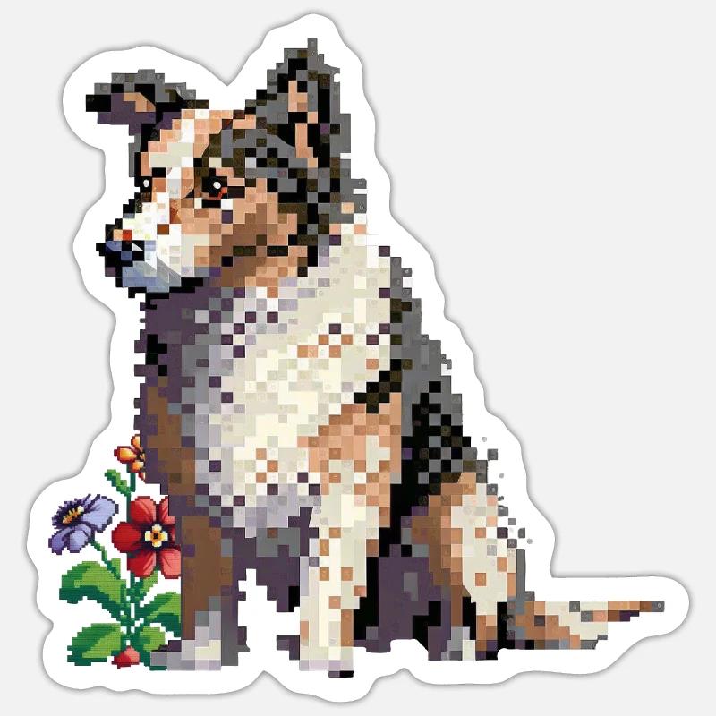 Pixel art chien avec des fleurs Sticker taille S (10 x 10 cm)