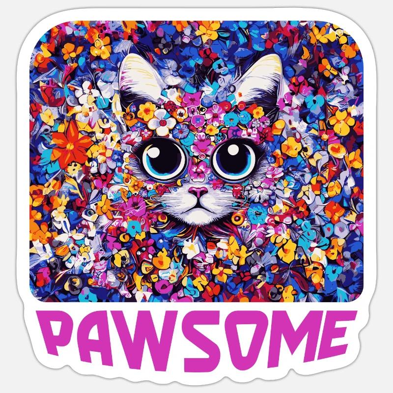 Pawsome - Chat en fleurs - Sticker taille S (10 x 10 cm) - blanc mat