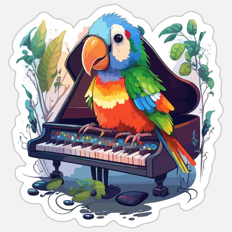 Perroquet Pianiste - Sticker taille S (10 x 10 cm) - blanc mat