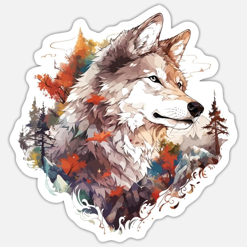 Wolf Wolf’s Head Nature Wilderness Forest Trees Art - Sticker taille S (10 x 10 cm) - blanc mat