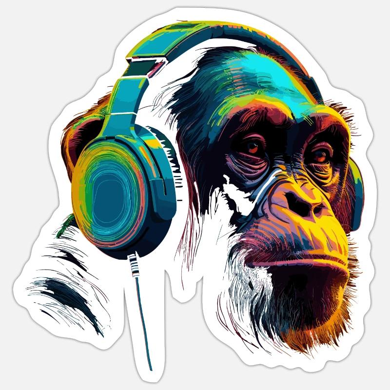 Affe Schimpanse mit Headset Kopfhörer DJ Sticker Größe S (10 x 10 cm)