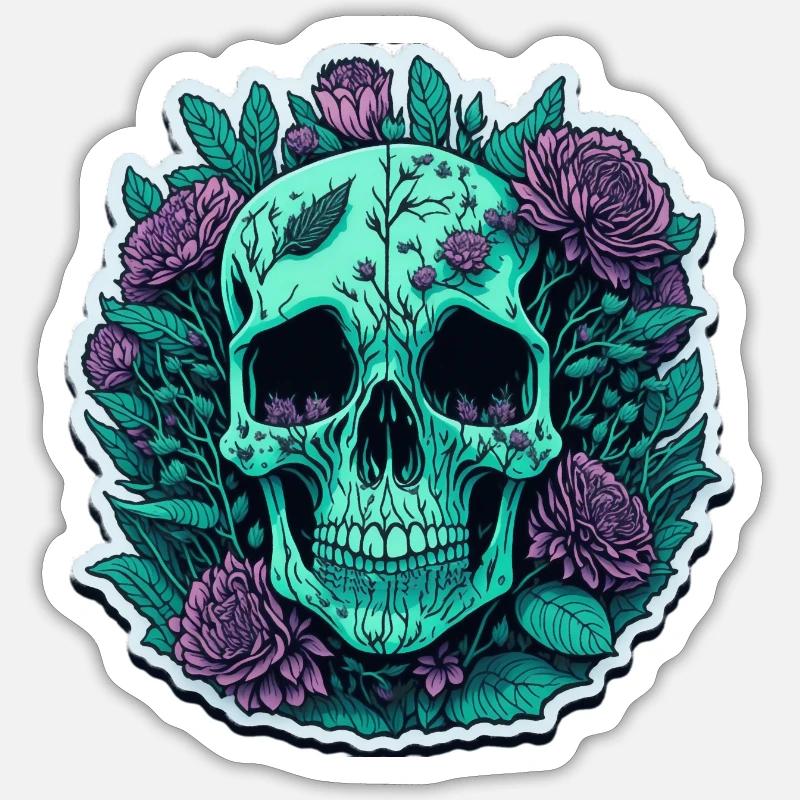 Crâne avec des fleurs violettes - Sticker taille S (10 x 10 cm) - blanc mat