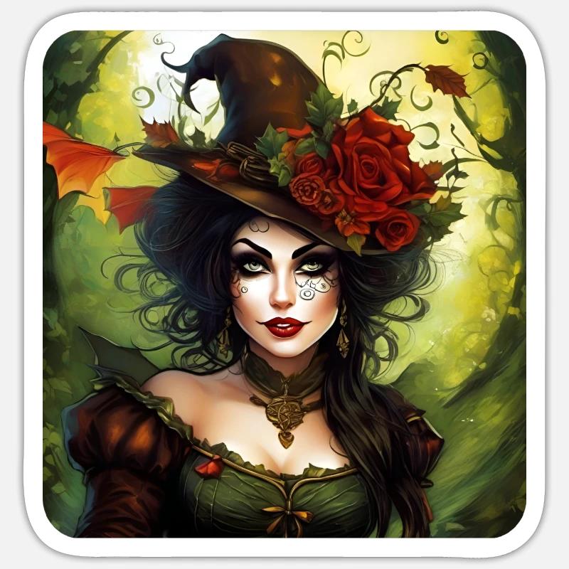 Fée d’Halloween avec chapeau et fleurs - Sticker taille S (10 x 10 cm) - blanc mat
