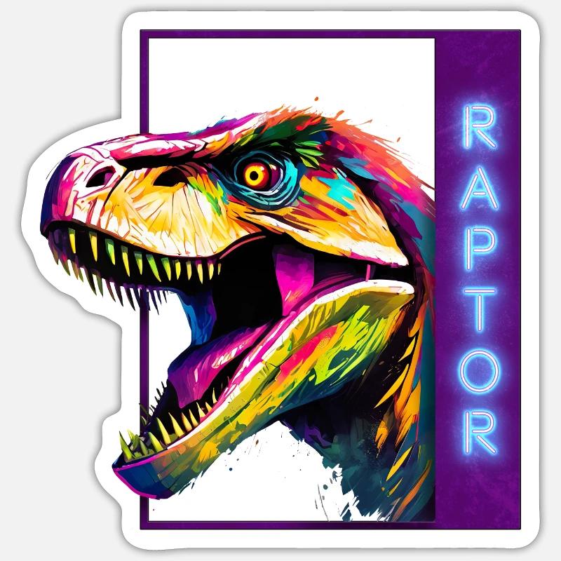 Neon Raptor - Mehrfarbiges Velociraptor-Artwork - Sticker Größe S (10 x 10 cm) - Mattweiß