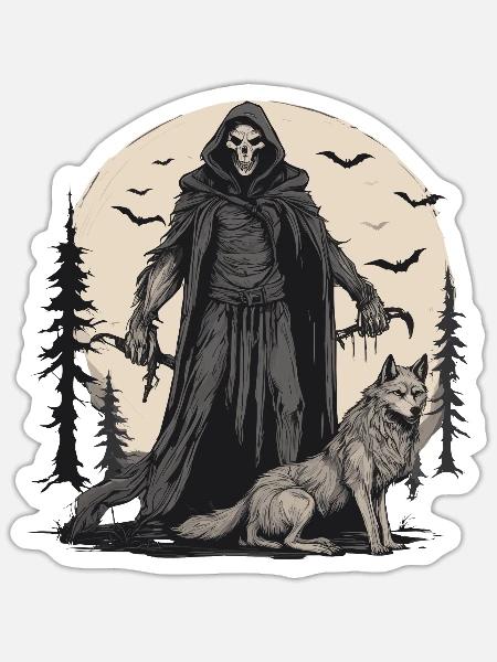 Wolf als Sensenmann - Sticker Größe S (10 x 10 cm) - Mattweiß