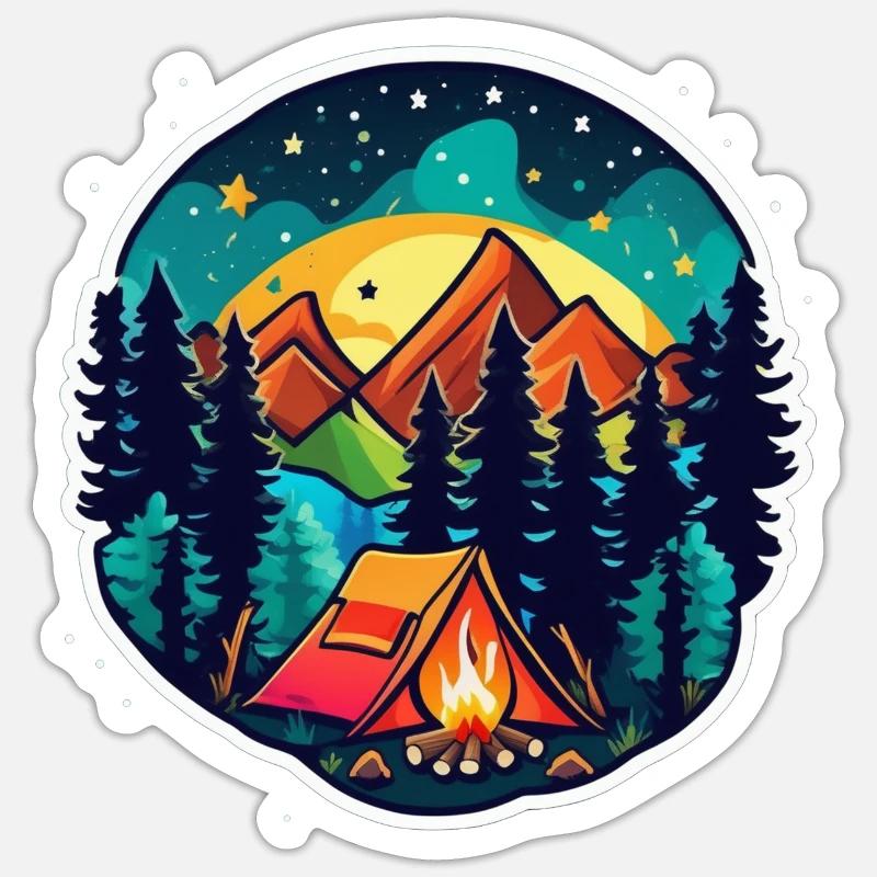 Camping, tent and campfire - Sticker size S (10 x 10 cm) - white matte