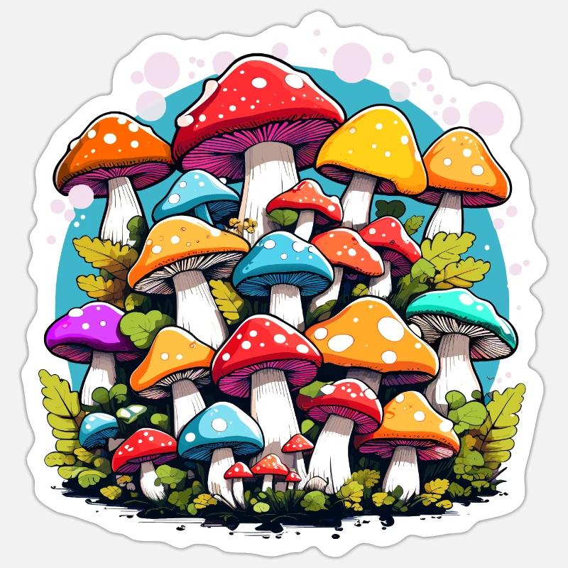champignons colorés, champignons, champignons - Sticker taille S (10 x 10 cm) - blanc mat