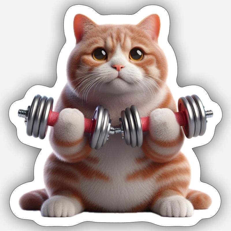 Sport Motiv - Katze mit Gewichten - Sticker Größe S (10 x 10 cm) - Mattweiß