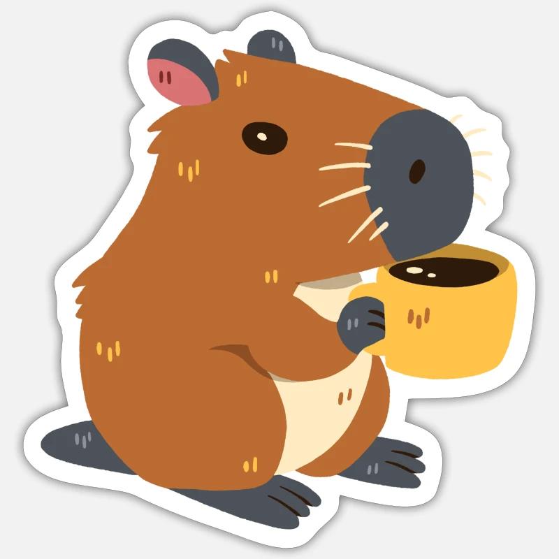 Capybara boit du café - Sticker taille S (10 x 10 cm) - blanc mat