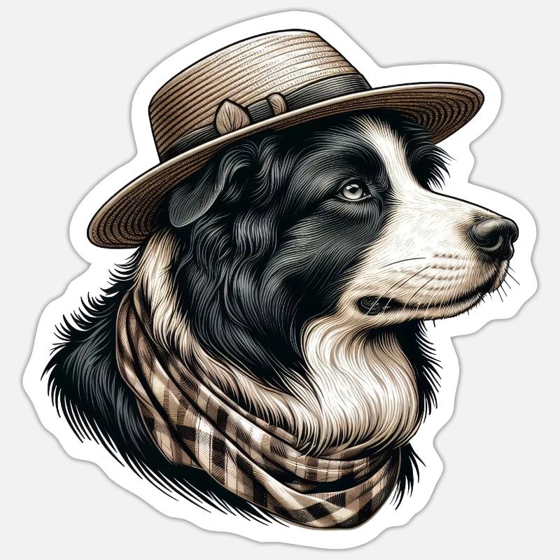 Border Collie mit Strohhut - Sticker Größe S (10 x 10 cm) - Mattweiß