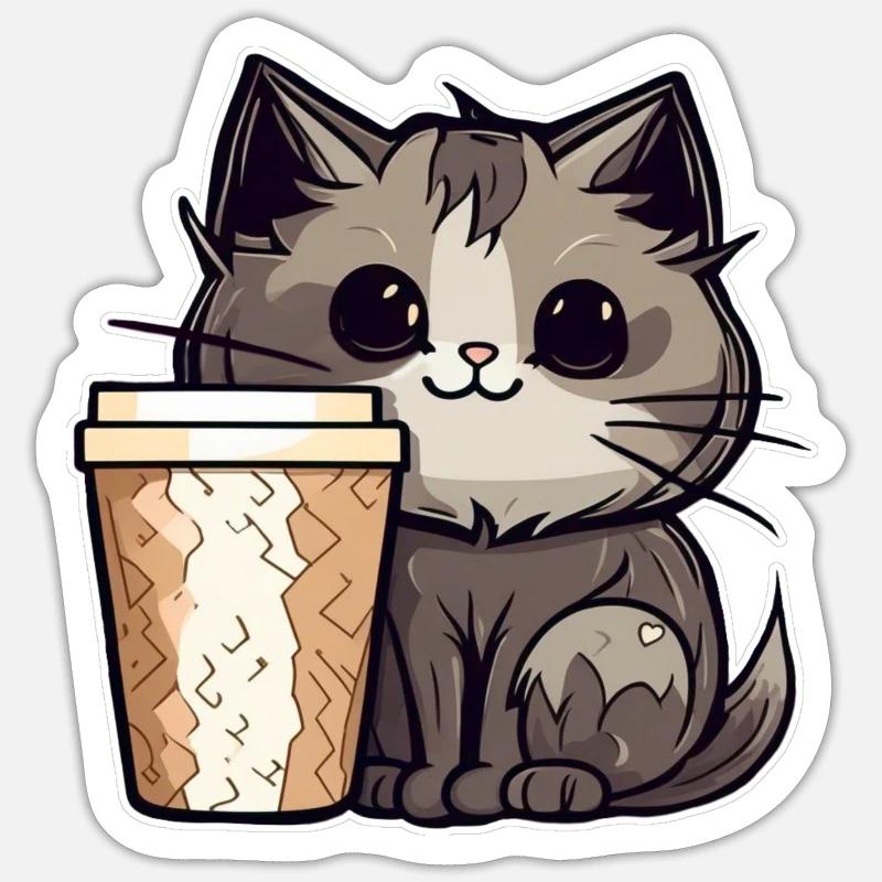 Chat de café mignon Sticker taille S (10 x 10 cm)