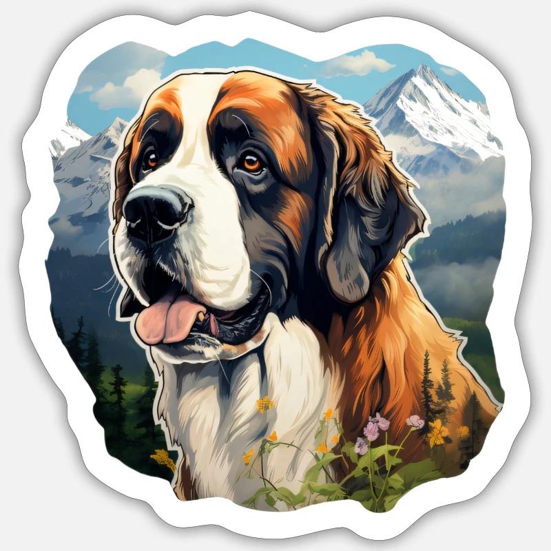 Bernhardiner vor einer Bergkulisse - Sticker Größe S (10 x 10 cm) - Mattweiß