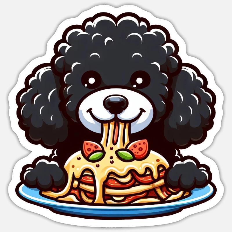 Schwarzer Pudel und Lasagne Comic - Sticker Größe S (10 x 10 cm) - Mattweiß
