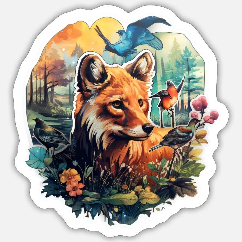 Renard dans une clairière - Sticker taille S (10 x 10 cm) - blanc mat