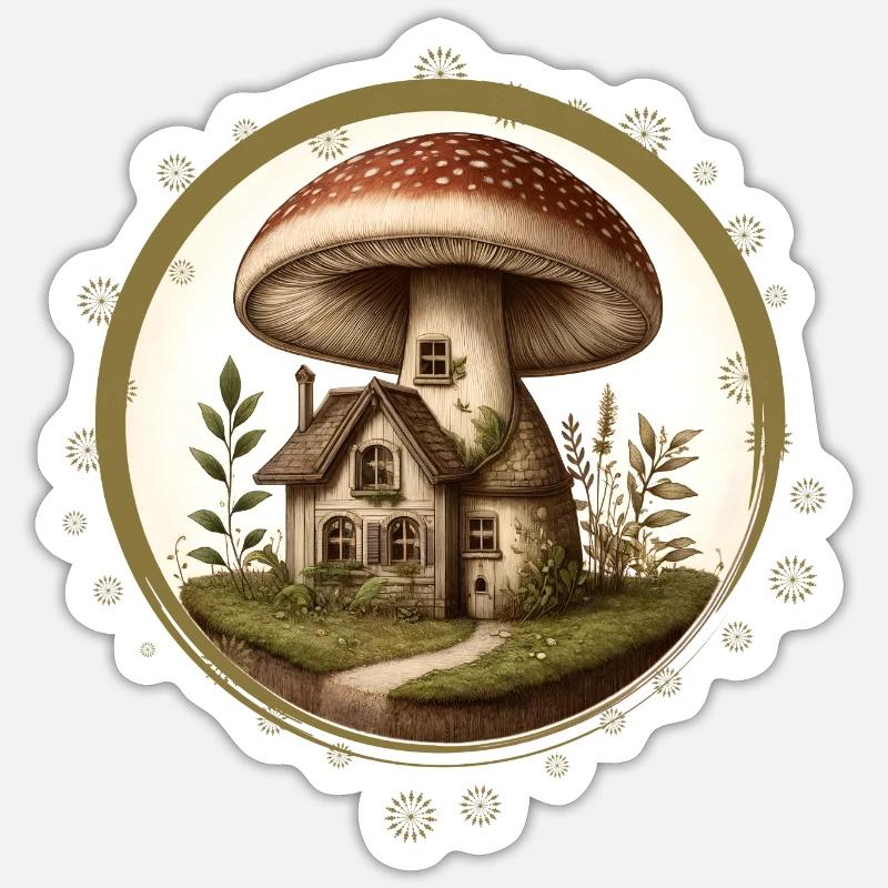 Conception d’un champignon comme une maison de conte de fées dans la forêt Sticker taille S (10 x 10 cm)