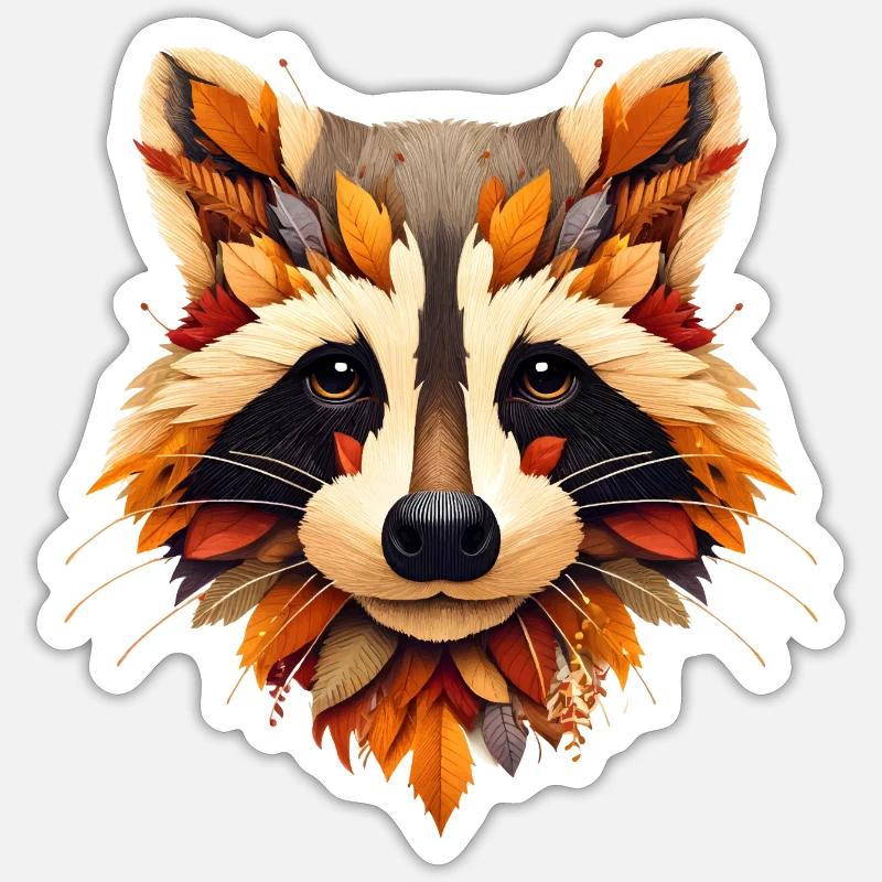 Raccoon, designed from different leaves - Sticker size S (10 x 10 cm) - white matte