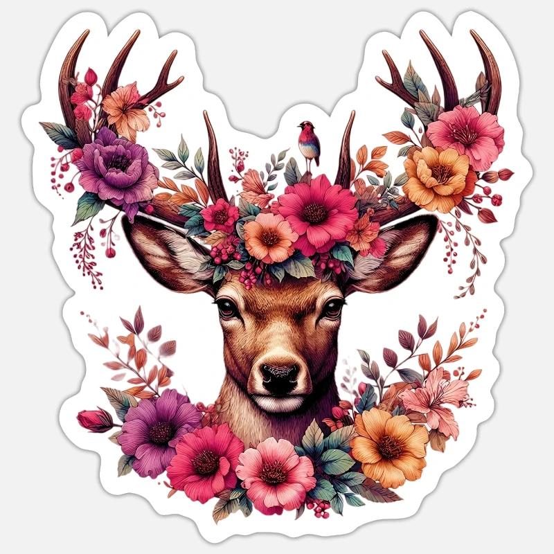 Deer with Flowers - Sticker size S (10 x 10 cm) - white matte