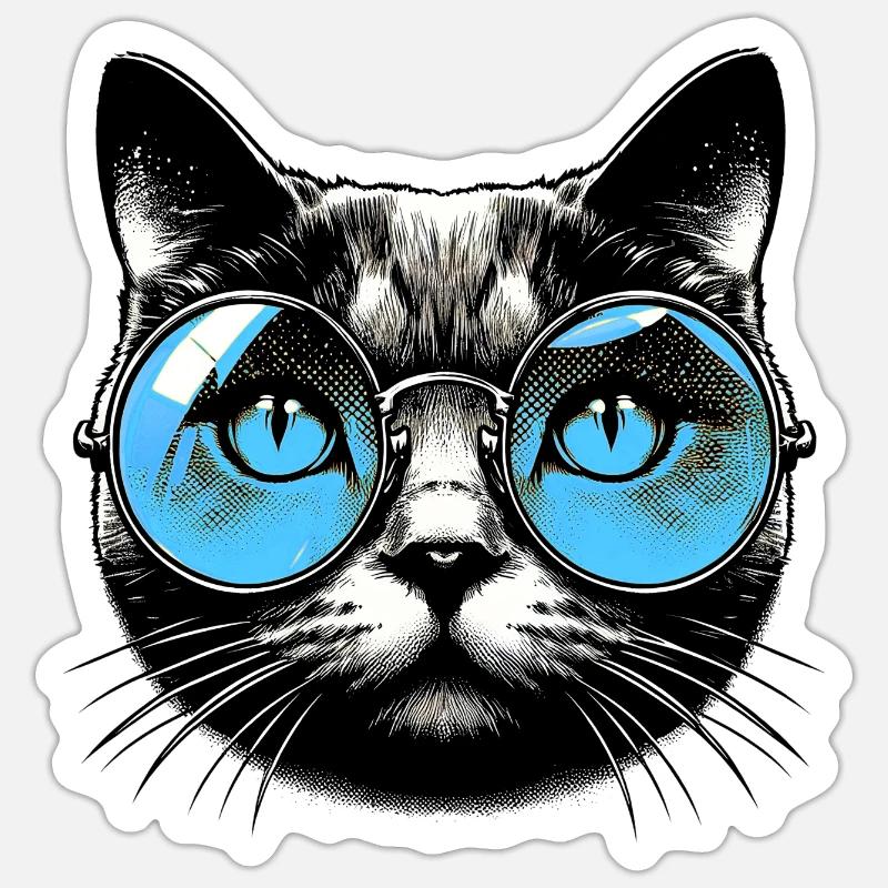 Chat à lunettes - Sticker taille S (10 x 10 cm) - blanc mat