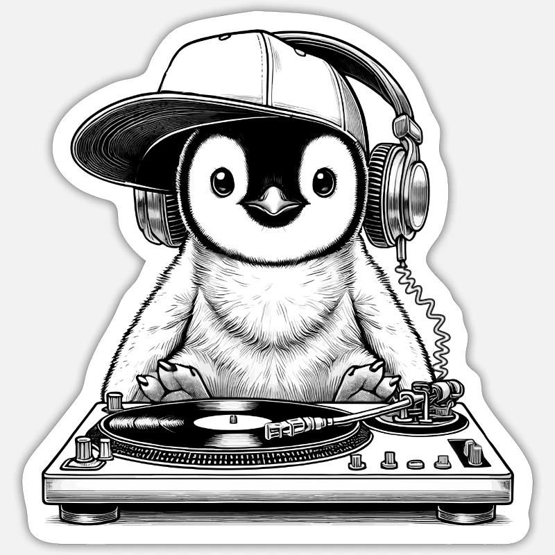 cooles Pinguin-Motiv als DJ mit Kopfhörer - Sticker Größe S (10 x 10 cm) - Mattweiß