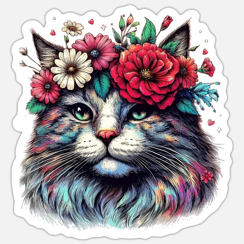 Chat avec des fleurs - Sticker taille S (10 x 10 cm) - blanc mat