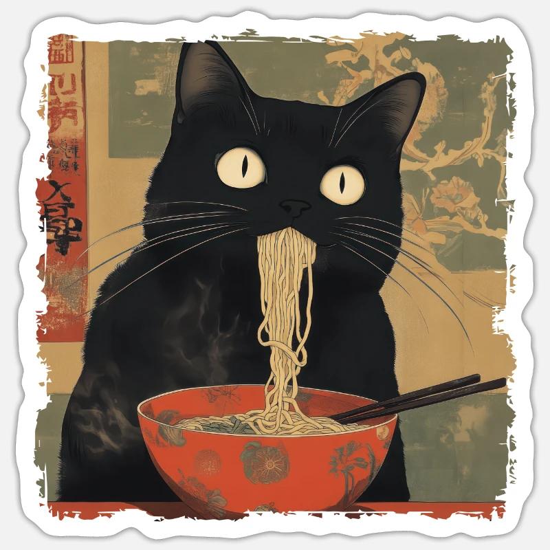 Anime Art Japonais Noir Chat Ramen Ukiyo-e - Sticker taille S (10 x 10 cm) - blanc mat