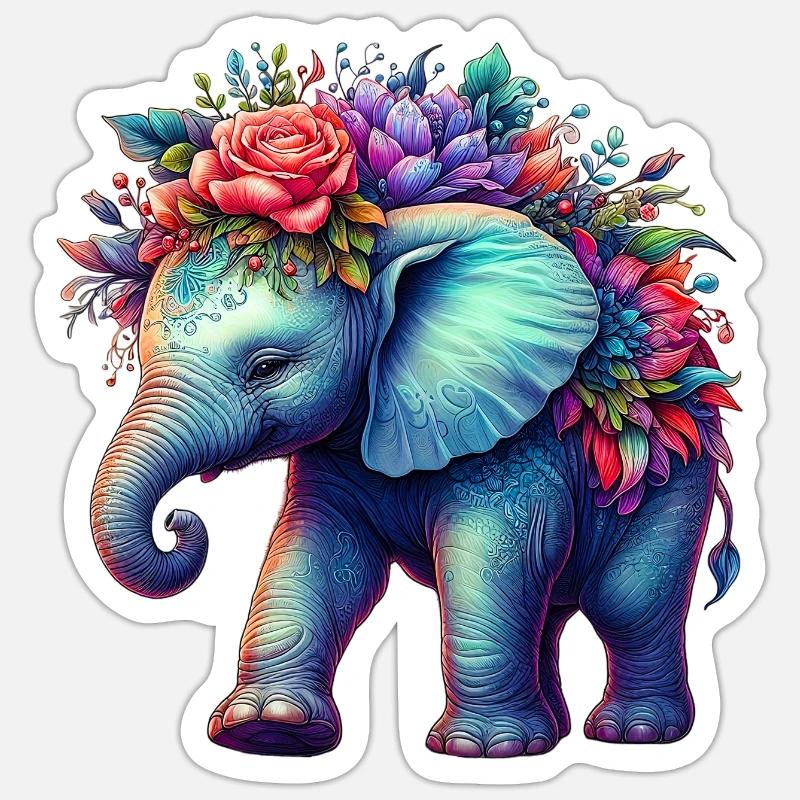 Éléphant avec des fleurs - Sticker taille S (10 x 10 cm) - blanc mat