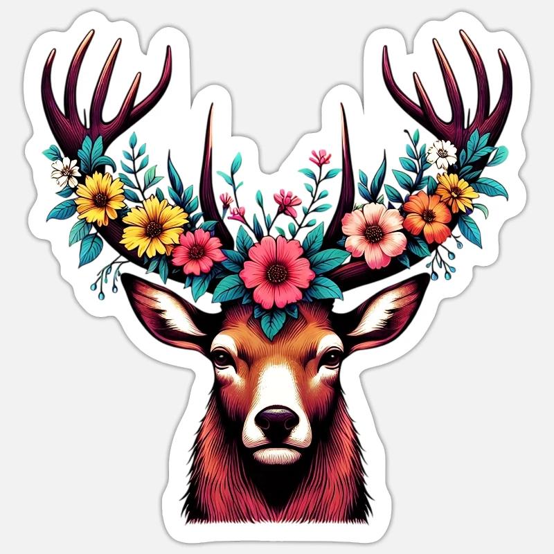 Hirsch mit Blumen - Sticker Größe S (10 x 10 cm) - Mattweiß