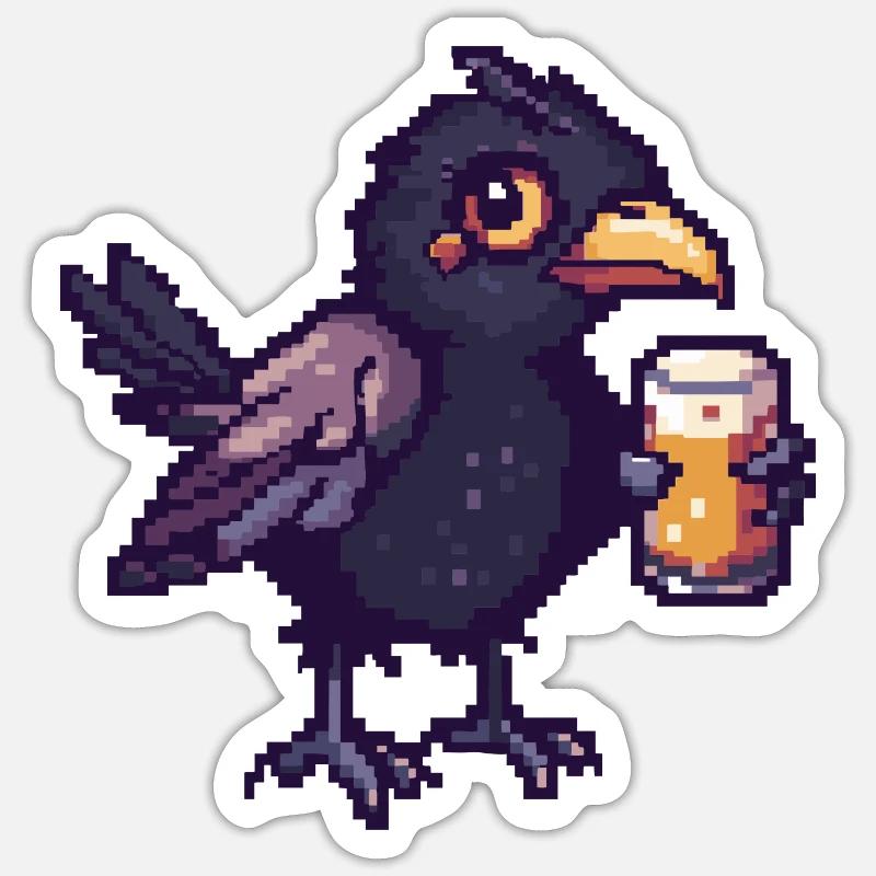 Rabe Krähe Bier Pixel - Sticker Größe S (10 x 10 cm) - Mattweiß