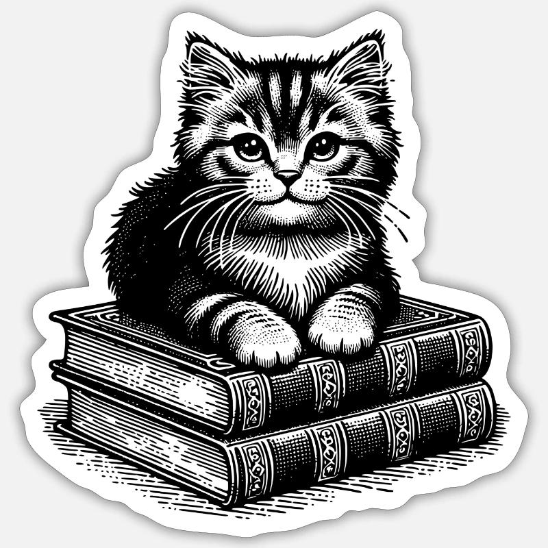Katze auf Bücherstapel - Sticker Größe S (10 x 10 cm) - Mattweiß