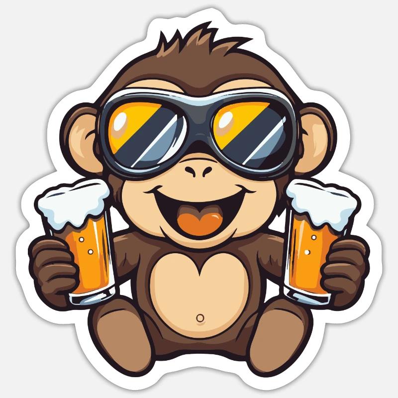 Affe Ski Bier - Sticker Größe S (10 x 10 cm) - Mattweiß