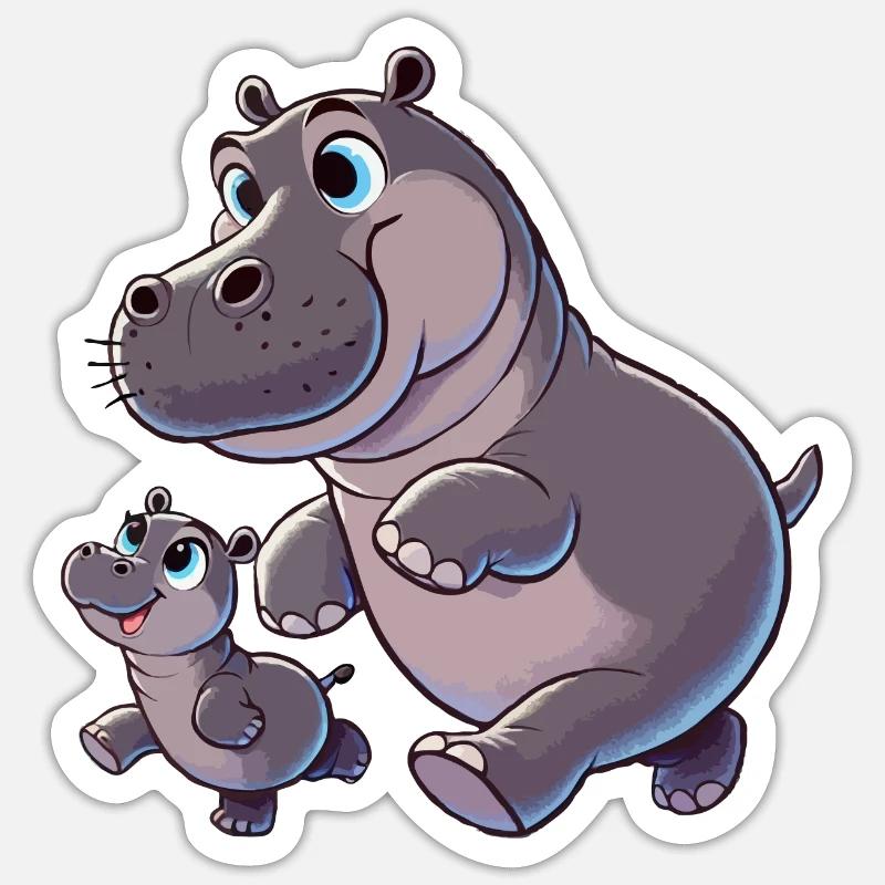 Nilpferd-Mutter mit herumtollendem Kind Sticker Größe S (10 x 10 cm)