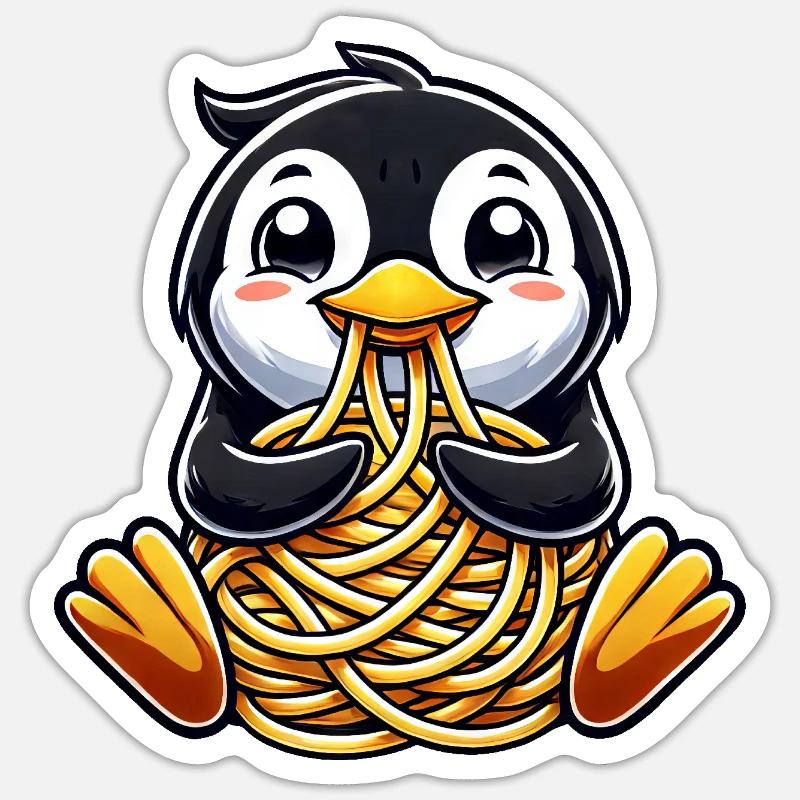Clumsy penguin eats spaghetti - Sticker size S (10 x 10 cm) - white matte