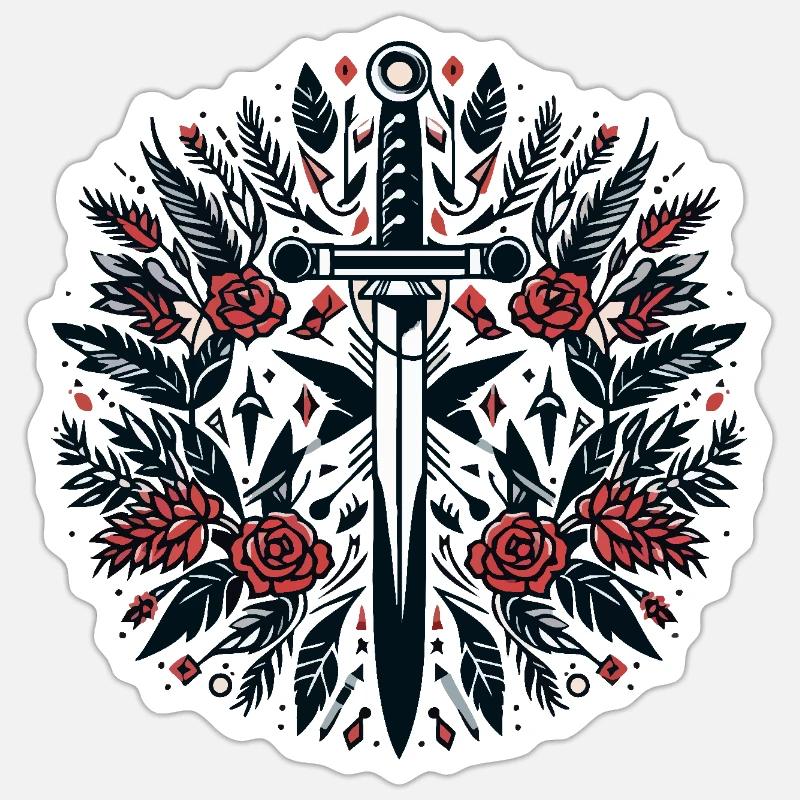 Une épée parmi les fleurs - Sticker taille S (10 x 10 cm) - blanc mat