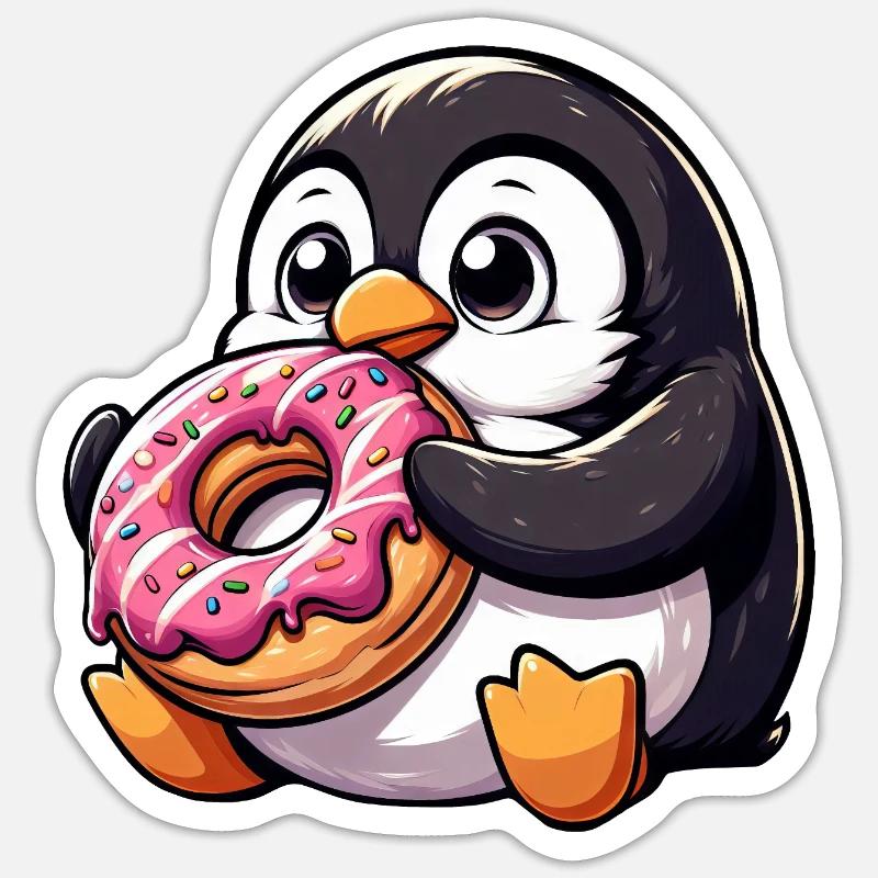 Cute penguin nibbles on donut comic Sticker size S (10 x 10 cm)