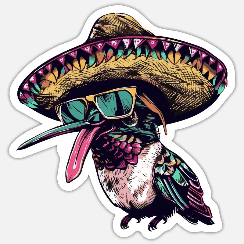 Colibri Oiseau Drôle Sombrero - Sticker taille S (10 x 10 cm) - blanc mat