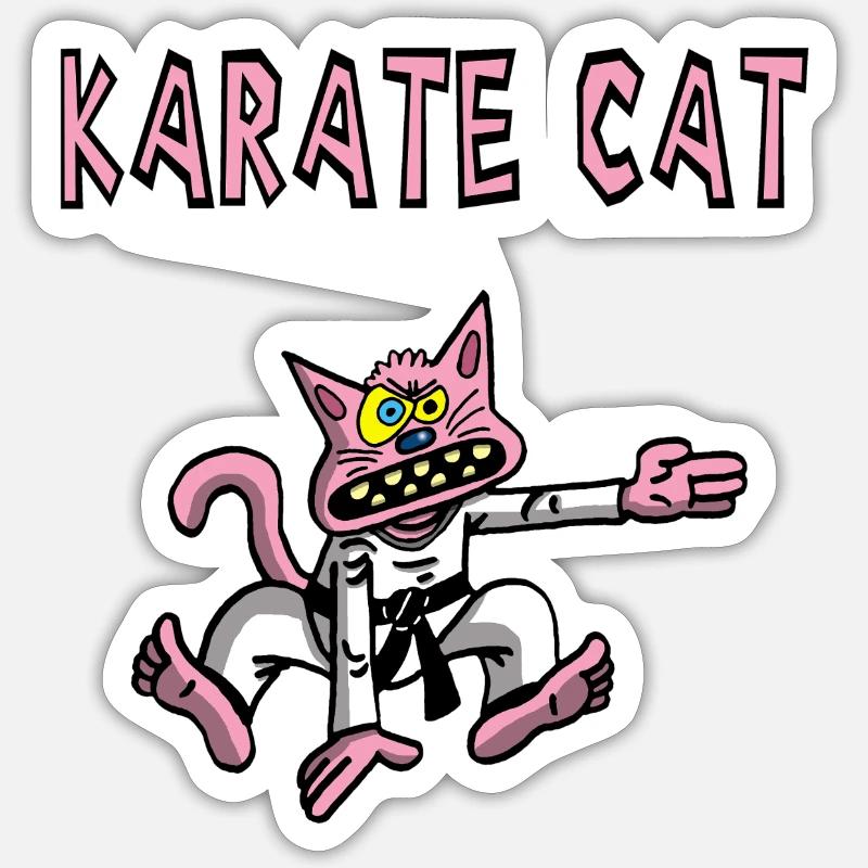 Karaté et chat rose - Sticker taille S (10 x 10 cm) - blanc mat