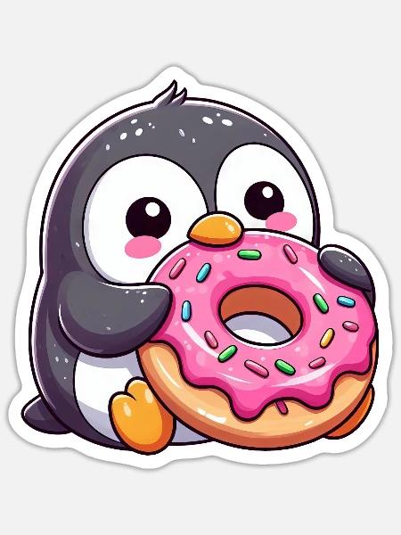 Süßer Pinguin mit Donut im verschneiten Cartoon - Sticker Größe S (10 x 10 cm) - Mattweiß