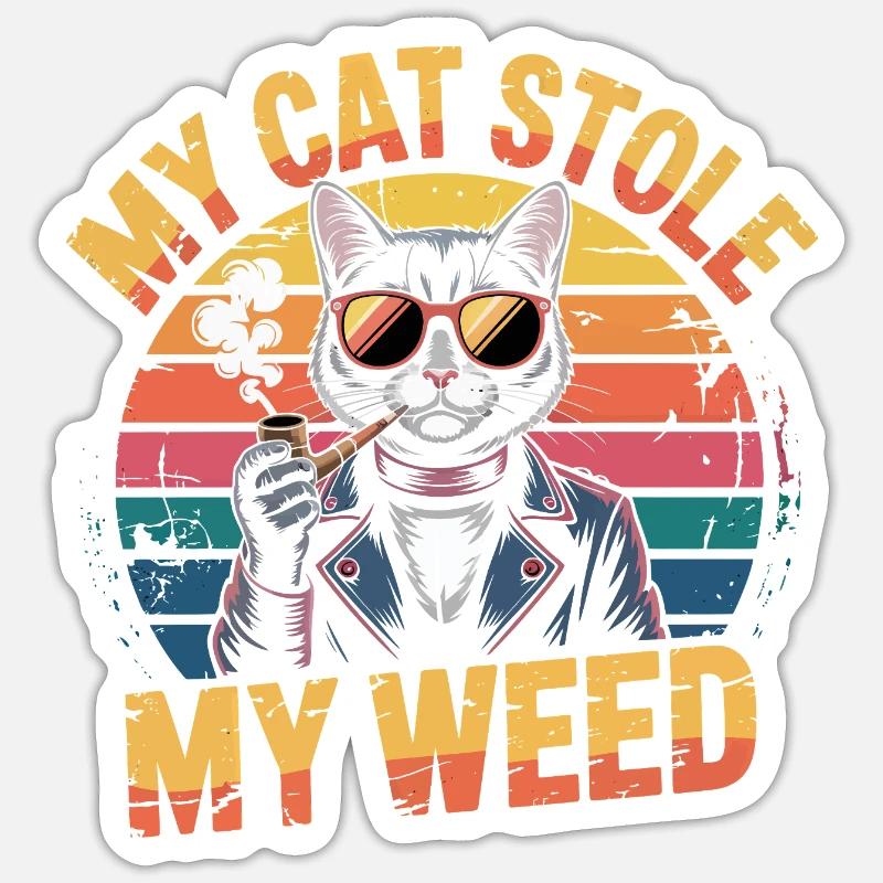 Illustration rétro de chat stoner - Sticker taille S (10 x 10 cm) - blanc mat