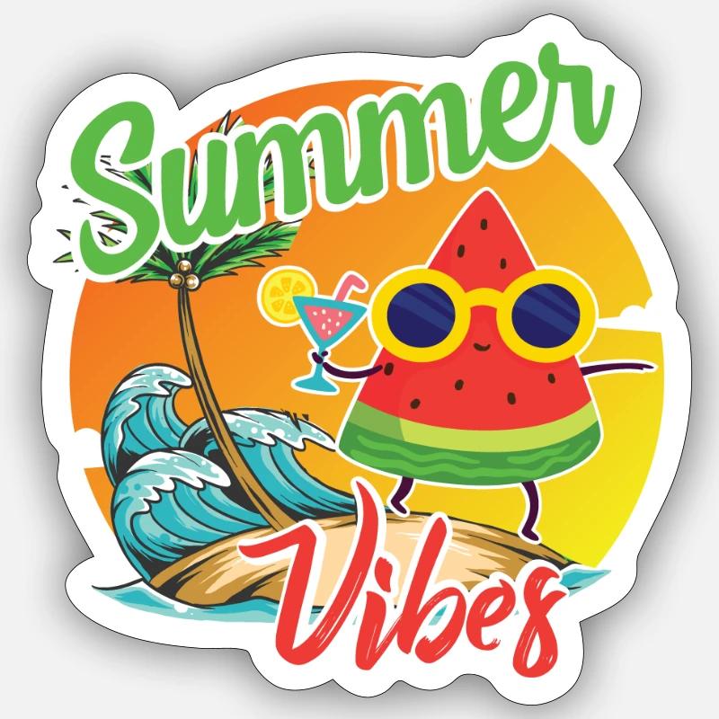 Motif pastèque aux vibrations estivales - Sticker taille S (10 x 10 cm) - blanc mat