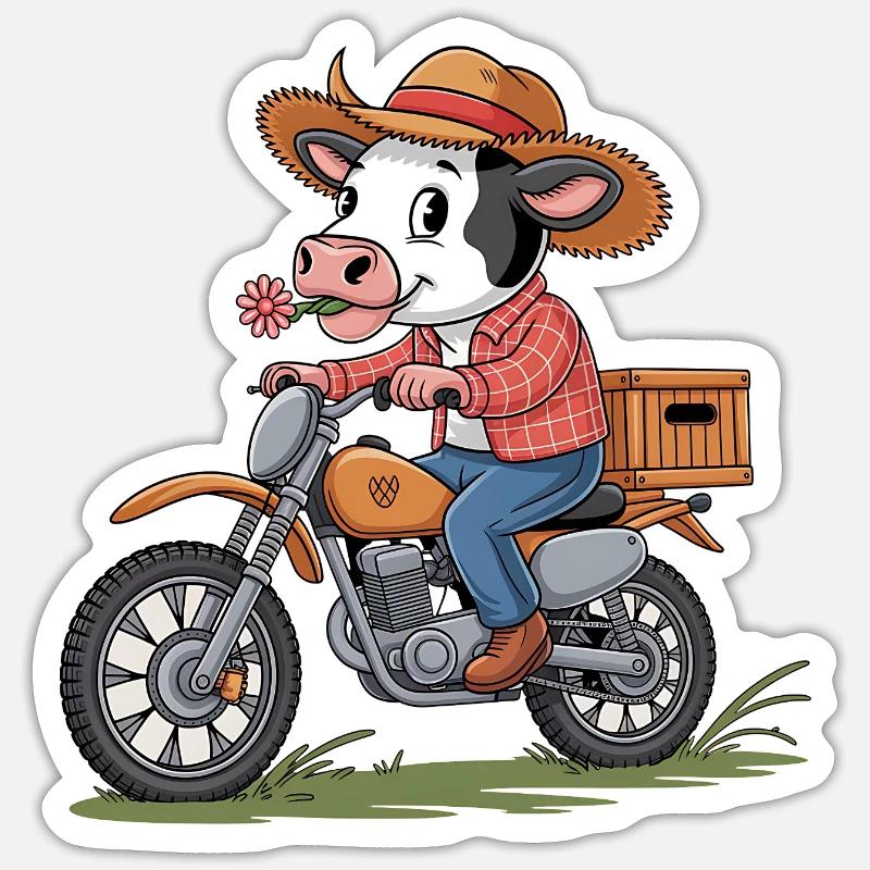Adventurous cow on motorcycle - Sticker size S (10 x 10 cm) - white matte