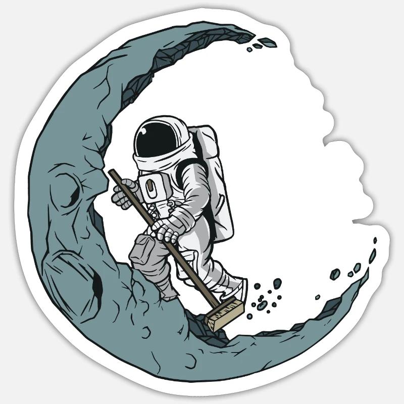 Astronaut Cleaner on Crescent Moon - Sticker size S (10 x 10 cm) - white matte