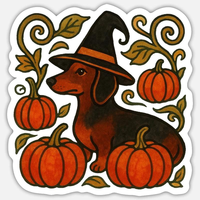 Teckel sorcière citrouille - Sticker taille S (10 x 10 cm) - blanc mat