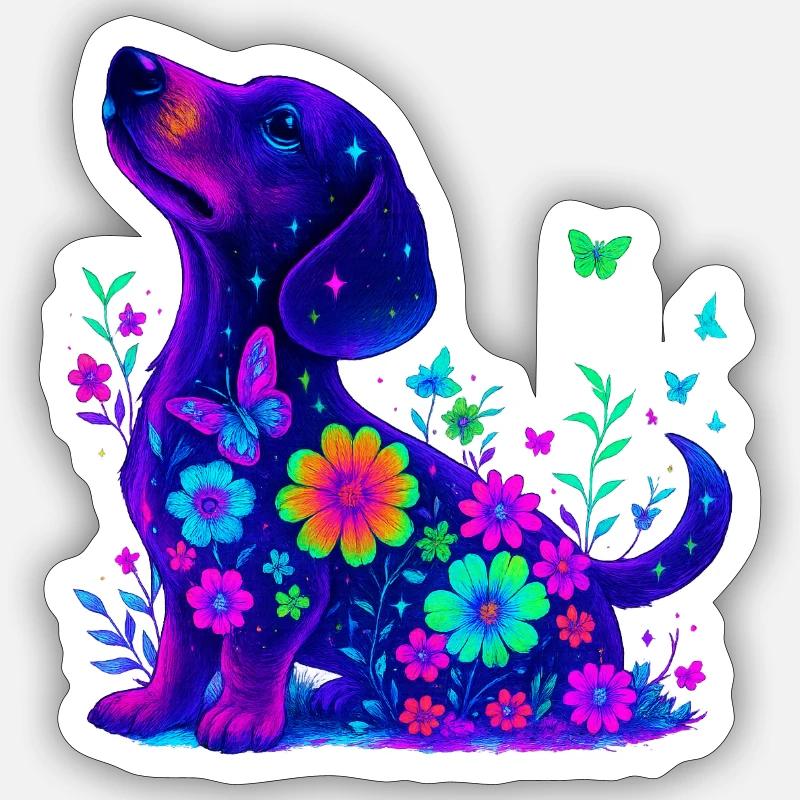 Chiot-teckel chien dans la forêt de néons Sticker taille S (10 x 10 cm)