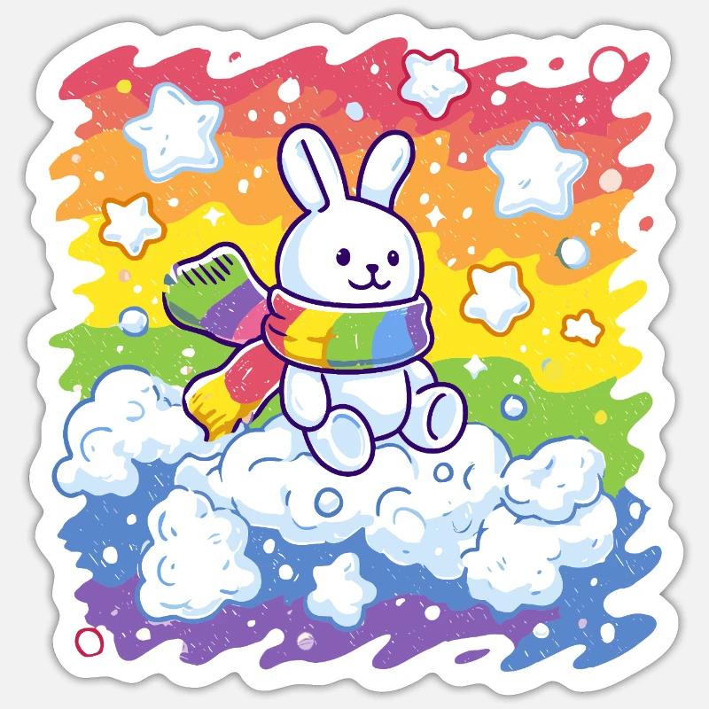Lapin arc-en-ciel sur nuage - Sticker taille S (10 x 10 cm) - blanc mat