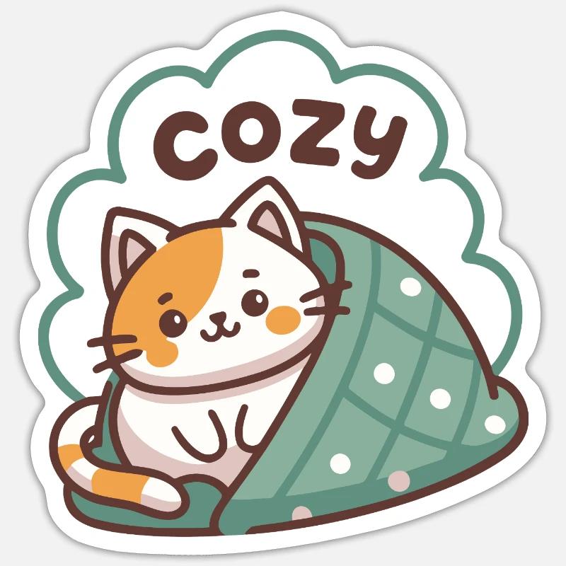 Chat Cozy sous Couette - Sticker taille S (10 x 10 cm) - blanc mat