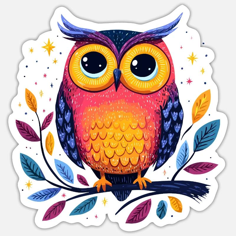 Bunte Eulenillustration auf Ast - Sticker Größe S (10 x 10 cm) - Mattweiß