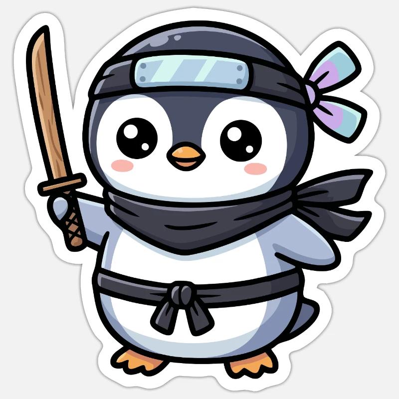 Pingouin Ninja avec Épée - Sticker taille S (10 x 10 cm) - blanc mat