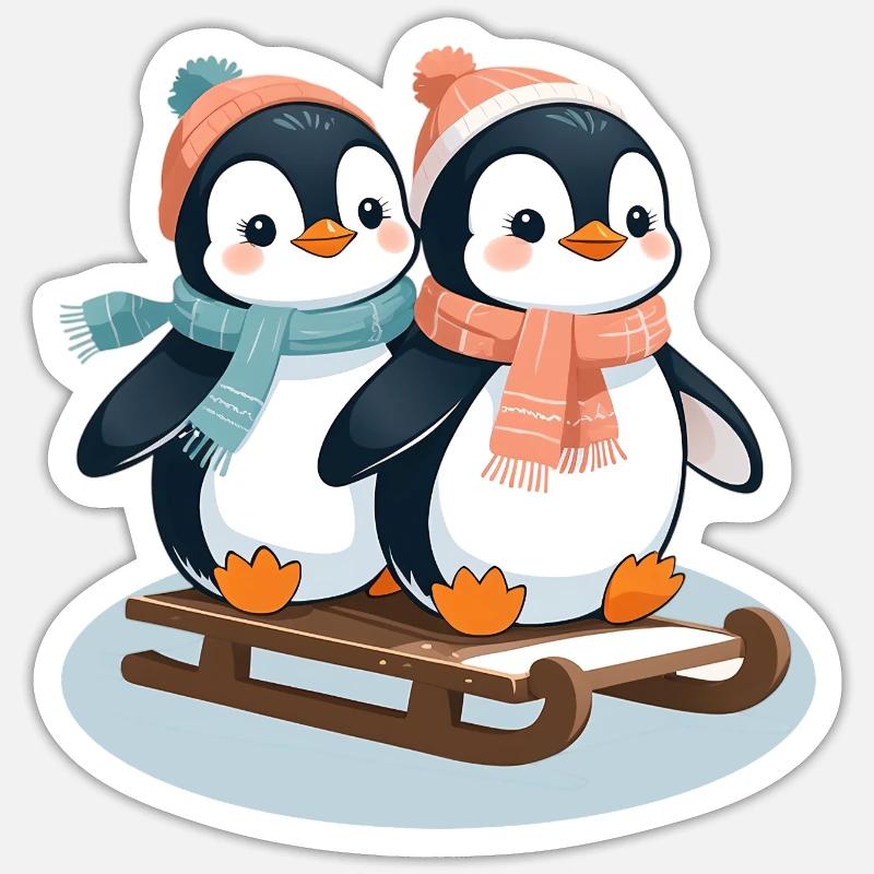 Two penguins on sleds - Sticker size S (10 x 10 cm) - white matte