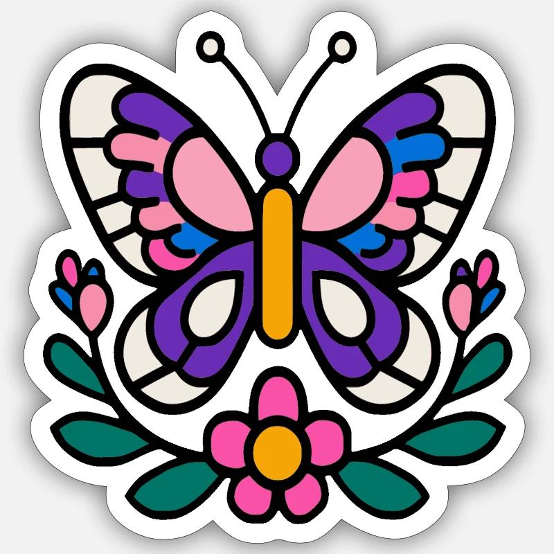 Papillon avec des fleurs - Sticker taille S (10 x 10 cm) - blanc mat
