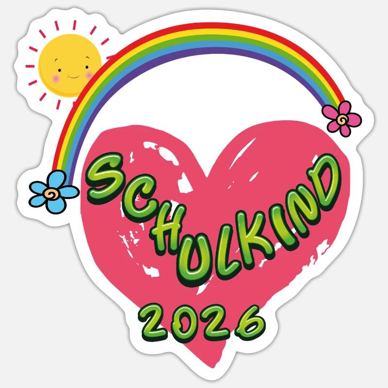 Schulkind Herz Regenbogen 2026 - Sticker Größe S (10 x 10 cm) - Mattweiß